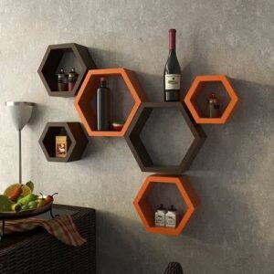 hexagon wall shelves set of 6 (color Brown & Orange)